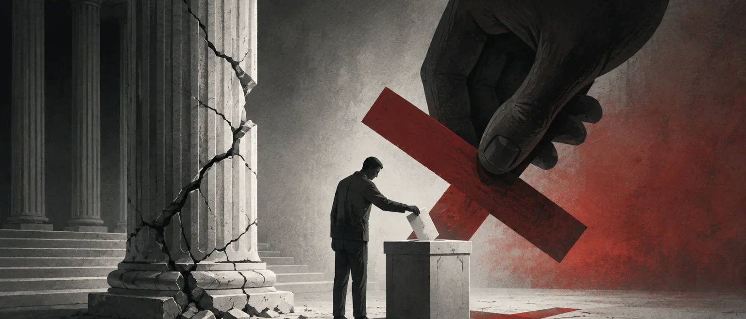 Columna institucional agrietandose y figura votando en la sombra de una mano gigante