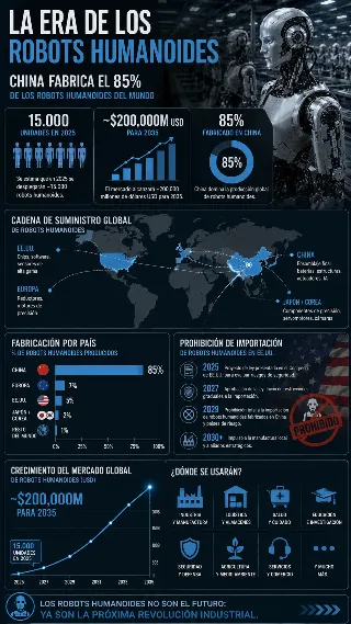 Infografia del mercado de robots humanoides con China liderando y prohibicion de EE.UU