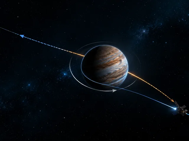 Diagrama de asistencia gravitacional: una nave espacial usa la gravedad de un planeta para acelerar su trayectoria