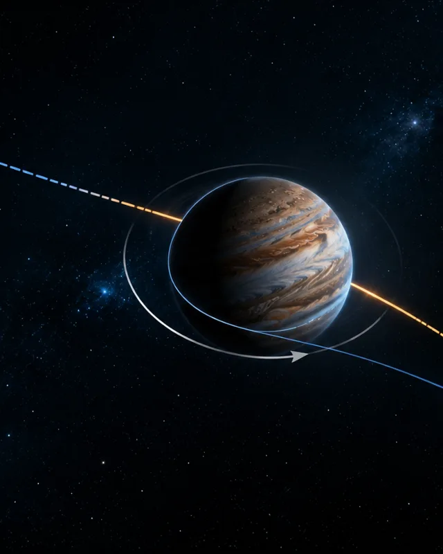 Diagrama de asistencia gravitacional: una nave espacial usa la gravedad de un planeta para acelerar su trayectoria