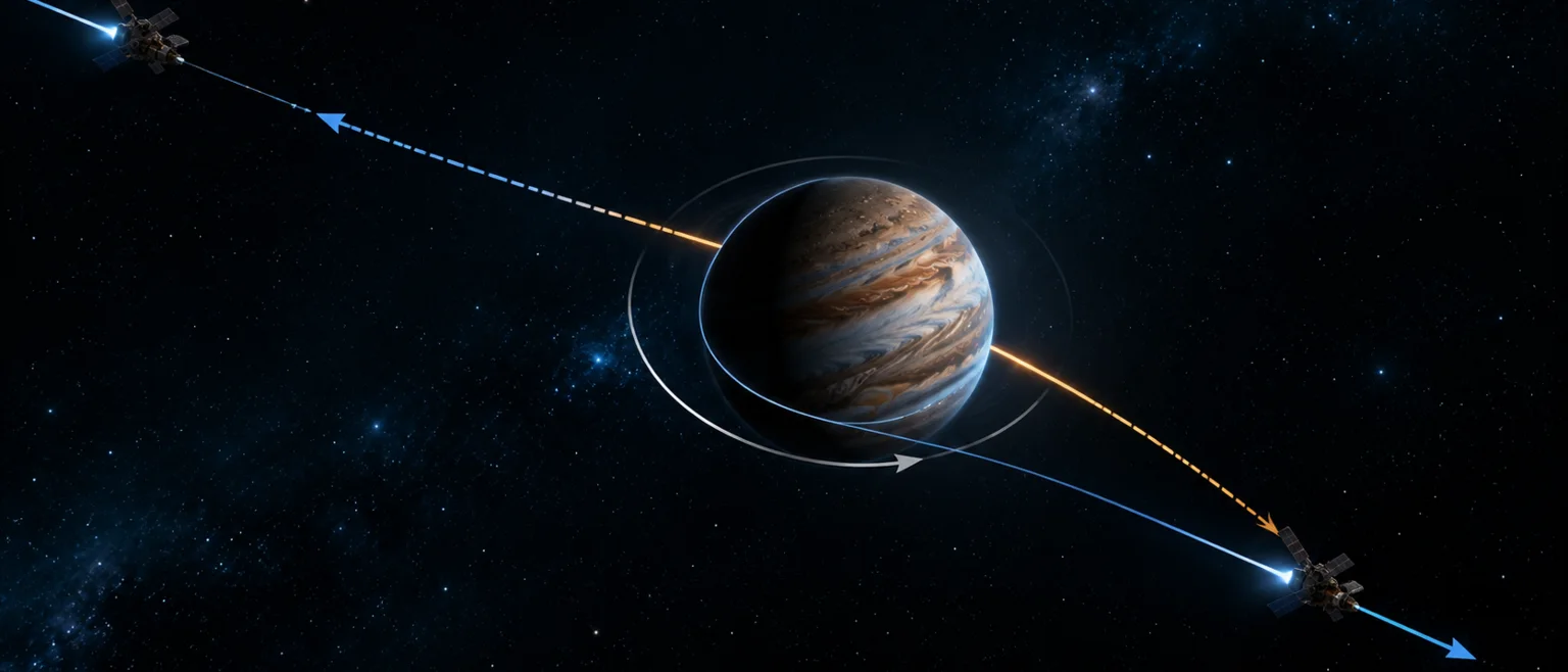 Diagrama de asistencia gravitacional: una nave espacial usa la gravedad de un planeta para acelerar su trayectoria