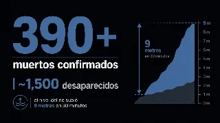 Infografía con la cifra de 390 muertos confirmados, 1.500 desaparecidos, y el río que subió 9 metros en 30 minutos