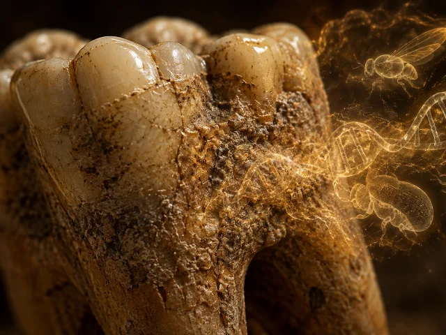 Primer plano de un diente fosilizado antiguo con sarro dental visible, superposición sutil de una hebra de ADN y siluetas translúcidas de insectos
