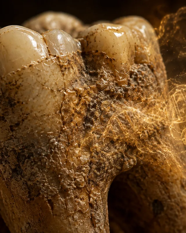Primer plano de un diente fosilizado antiguo con sarro dental visible, superposición sutil de una hebra de ADN y siluetas translúcidas de insectos