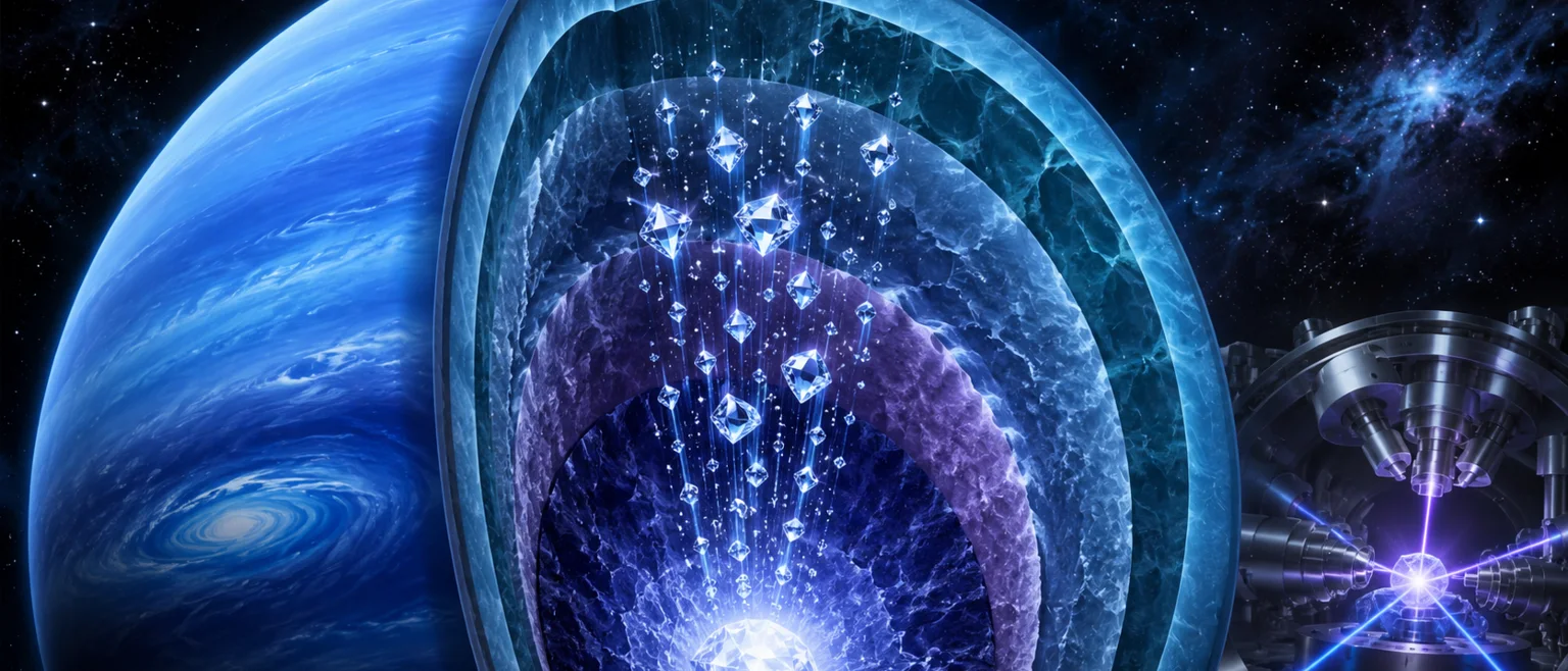 Corte transversal ilustrado de un gigante de hielo con diamante brillante cayendo hacia el núcleo, con superposición de una cámara de compresión láser
