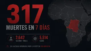 Infografía con la cifra de 317 muertes en 7 días, 2.642 muertes totales, 5.514 casos, sin vacuna aprobada para la especie Bundibugyo