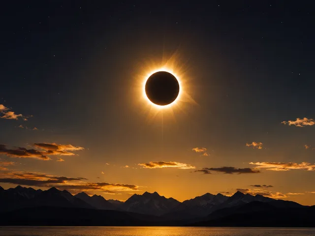 Eclipse total de sol con la Luna cubriendo al Sol visto sobre el norte de Espana