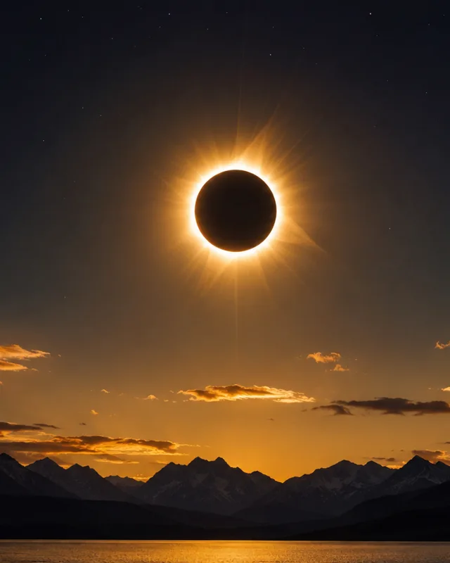 Eclipse total de sol con la Luna cubriendo al Sol visto sobre el norte de Espana
