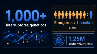 Infografía con la cifra 1.000 interruptores genéticos, la proporción 9 mujeres a 1 hombre en lupus, y la muestra de 1,25 millones de células analizadas