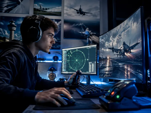 Jugador de videojuegos con perifericos y pantalla de radar de control aereo