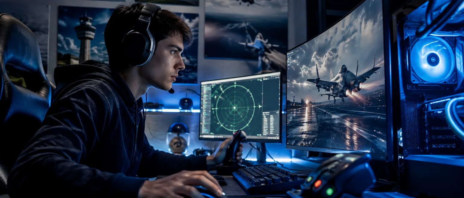Jugador de videojuegos con perifericos y pantalla de radar de control aereo
