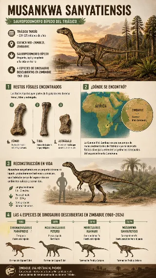 Infografia del Musankwa sanyatiensis con fosiles, mapa de Africa y linea de tiempo