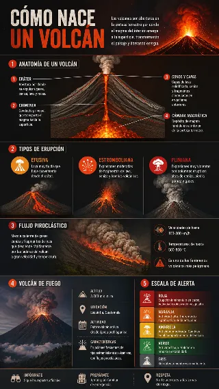 Infografia de vulcanologia con proceso de erupcion y el caso del Volcan de Fuego
