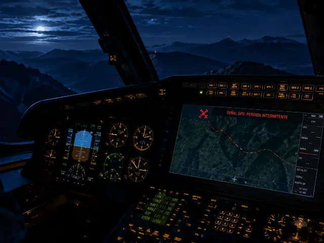 Cabina de aeronave con panel de instrumentos y mapa GPS con senal perdida sobre montanas de noche