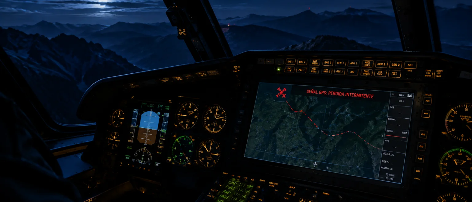 Cabina de aeronave con panel de instrumentos y mapa GPS con senal perdida sobre montanas de noche