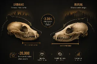 Infografía comparando siluetas de cráneo de mapache urbano y rural, con la diferencia de hocico de -3,56% y la nota de casi 20.000 fotos analizadas