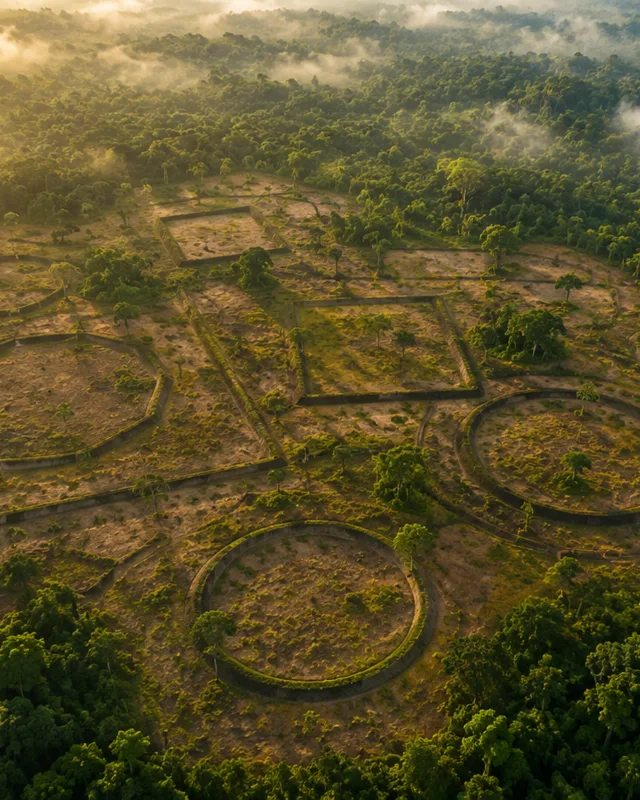 Geoglifos geometricos precolombinos vistos desde arriba en la selva amazonica