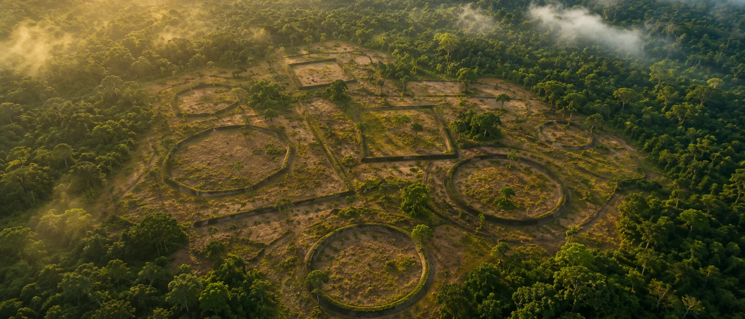 Geoglifos geometricos precolombinos vistos desde arriba en la selva amazonica