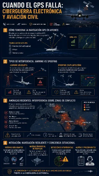 Infografia de jamming y spoofing GPS con su impacto en la navegacion aerea