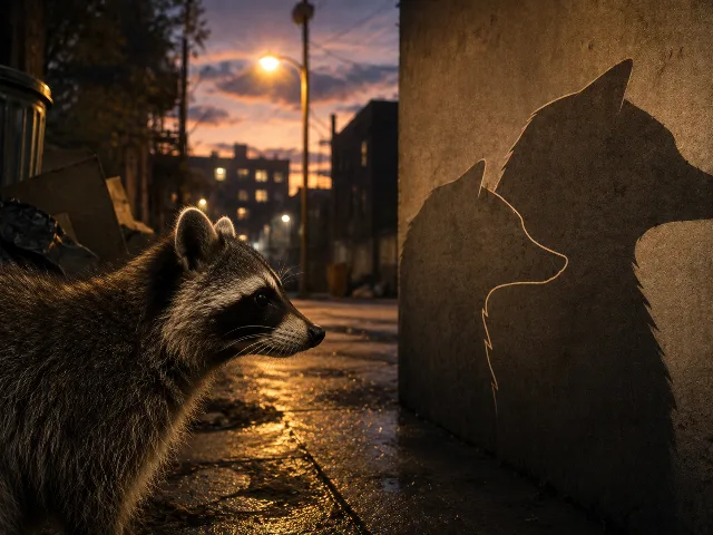 Mapache sentado con calma en el borde de un callejón urbano al atardecer, con luz cálida de farola, silueta comparativa sutil de hocico urbano y rural