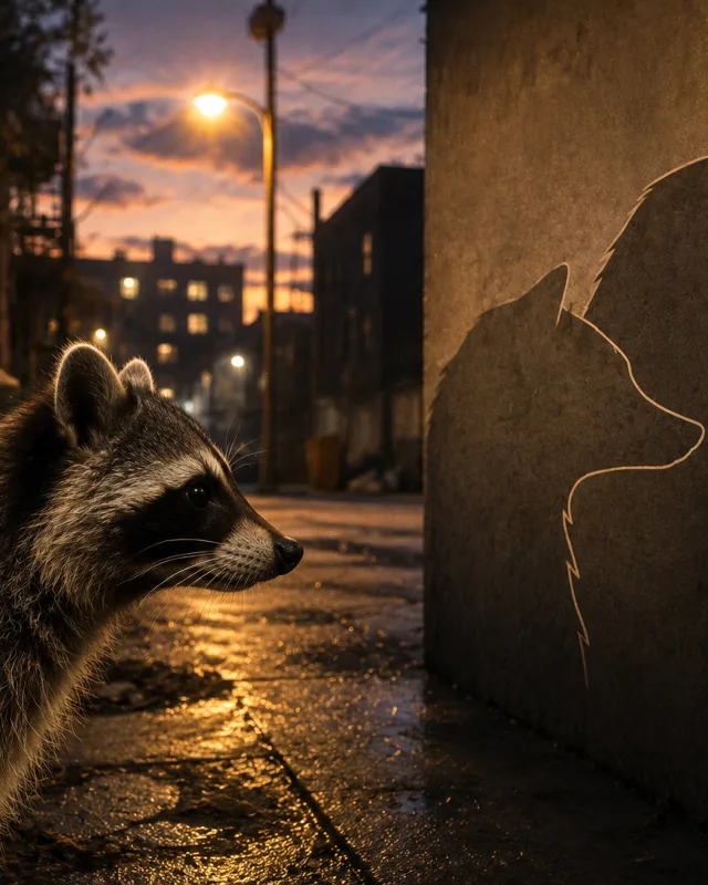 Mapache sentado con calma en el borde de un callejón urbano al atardecer, con luz cálida de farola, silueta comparativa sutil de hocico urbano y rural
