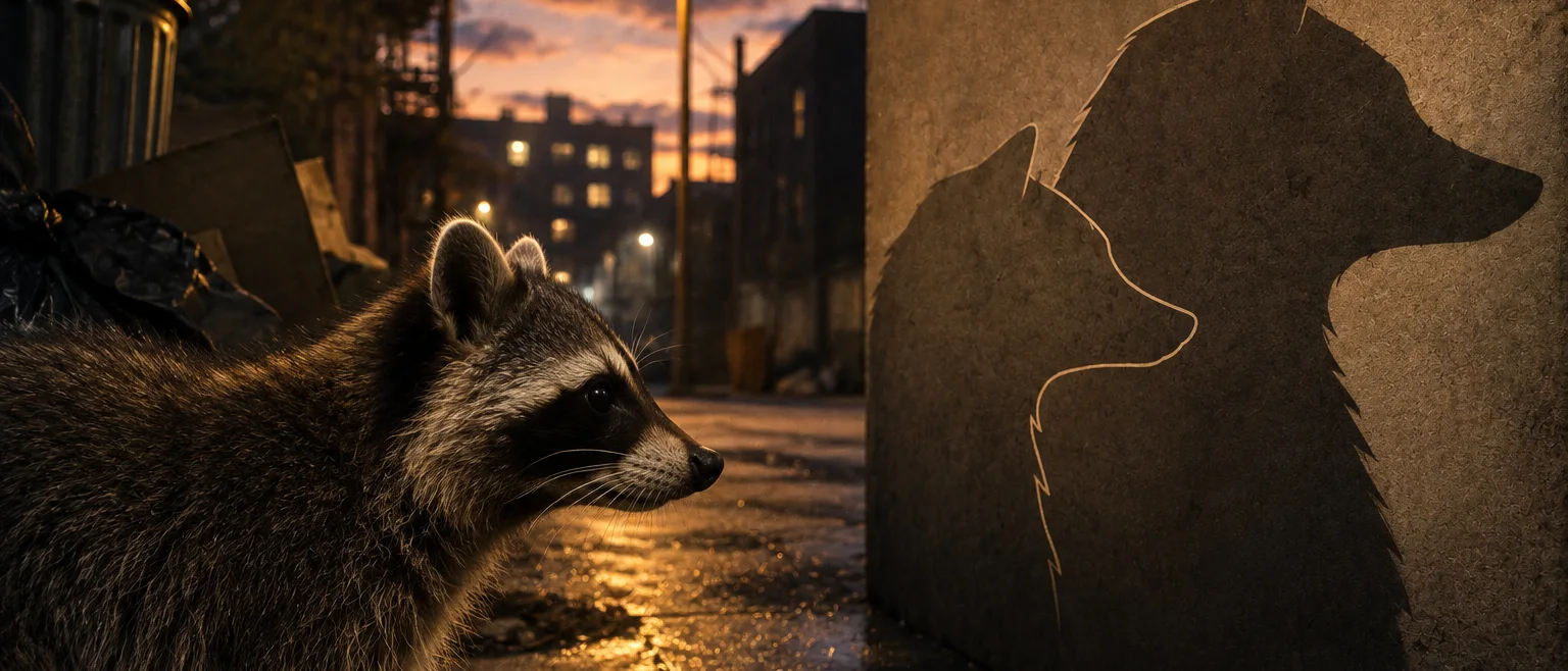 Mapache sentado con calma en el borde de un callejón urbano al atardecer, con luz cálida de farola, silueta comparativa sutil de hocico urbano y rural