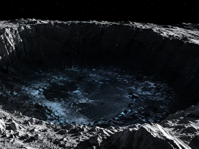 Cráter lunar en sombra en el polo sur, luz rasante en el borde, resplandor tenue sugiriendo microbios latentes en la escarcha del interior