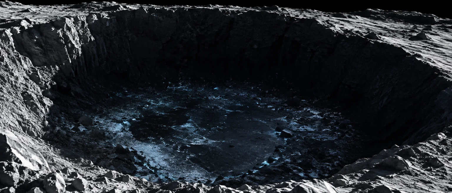 Cráter lunar en sombra en el polo sur, luz rasante en el borde, resplandor tenue sugiriendo microbios latentes en la escarcha del interior
