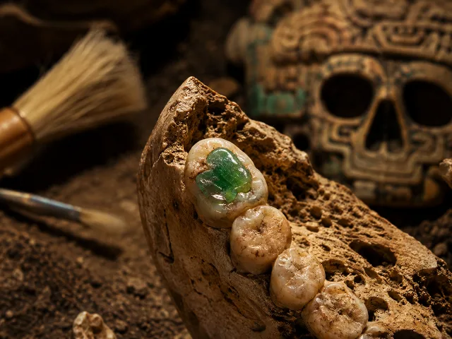 Molar maya antiguo con incrustacion pulida de jade verde brillante