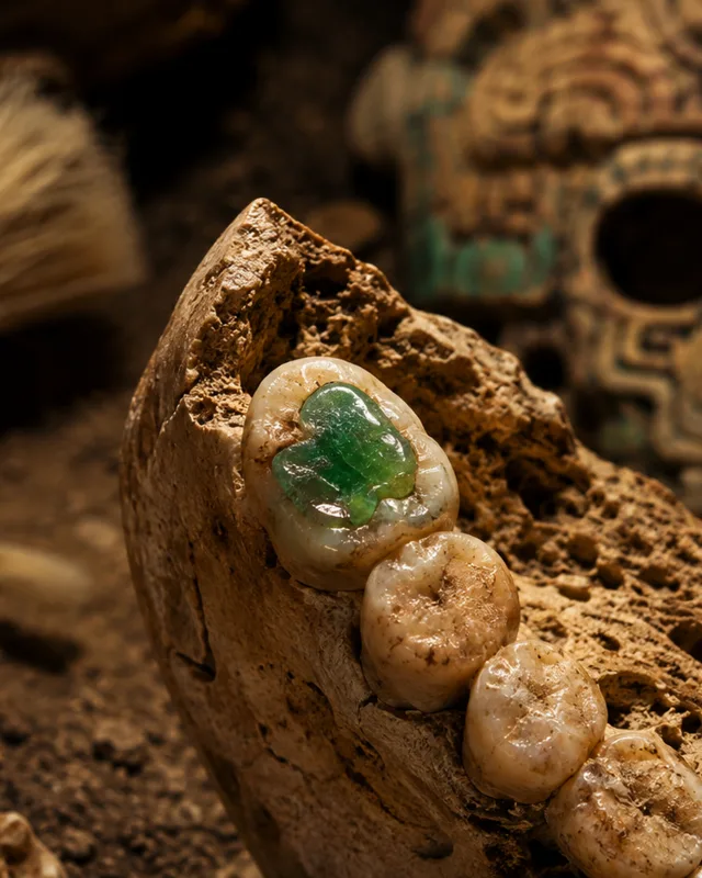 Molar maya antiguo con incrustacion pulida de jade verde brillante