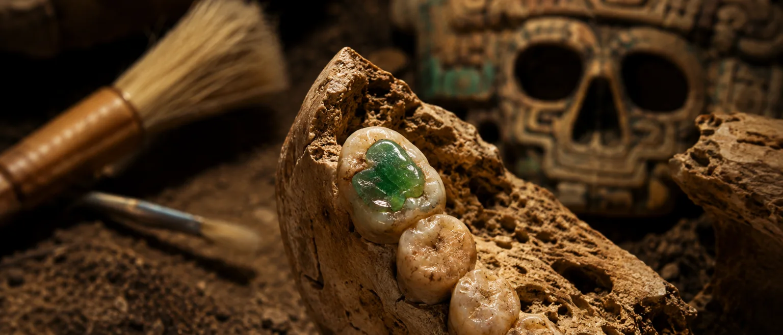 Molar maya antiguo con incrustacion pulida de jade verde brillante