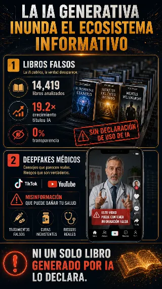 Infografia sobre desinformacion generada por IA: libros falsos y deepfakes medicos con estadisticas