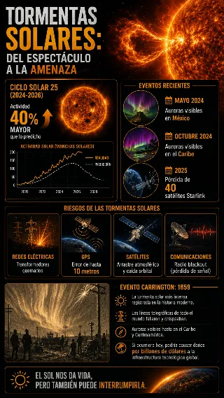 Infografia Ciclo Solar 25 con auroras tropicales satelites perdidos y riesgos electricos
