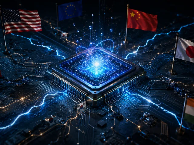 Chip cuantico azul brillante rodeado de banderas y lineas de fractura digitales sobre fondo oscuro