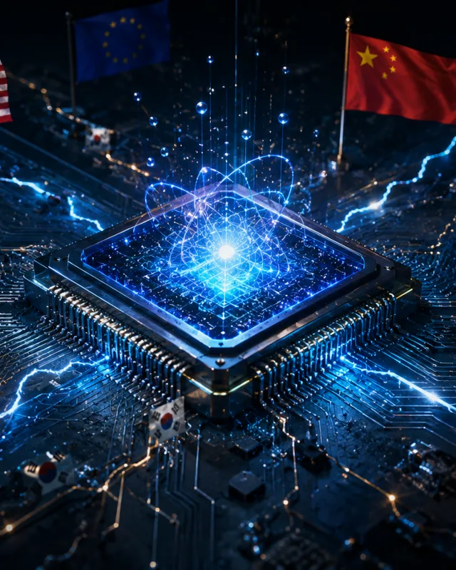 Chip cuantico azul brillante rodeado de banderas y lineas de fractura digitales sobre fondo oscuro