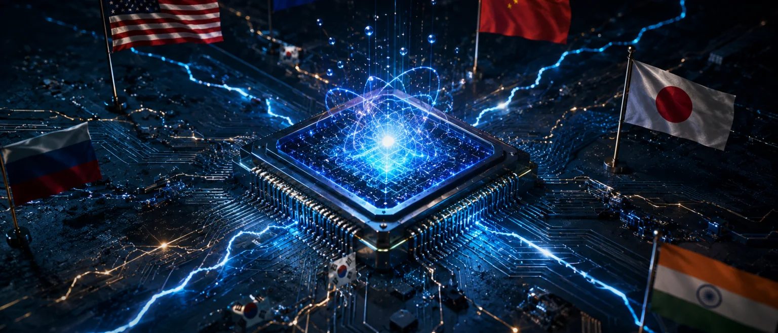 Chip cuantico azul brillante rodeado de banderas y lineas de fractura digitales sobre fondo oscuro