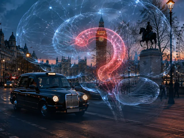 Taxi negro clasico de Londres con superposicion del hipocampo cerebral sobre la calle