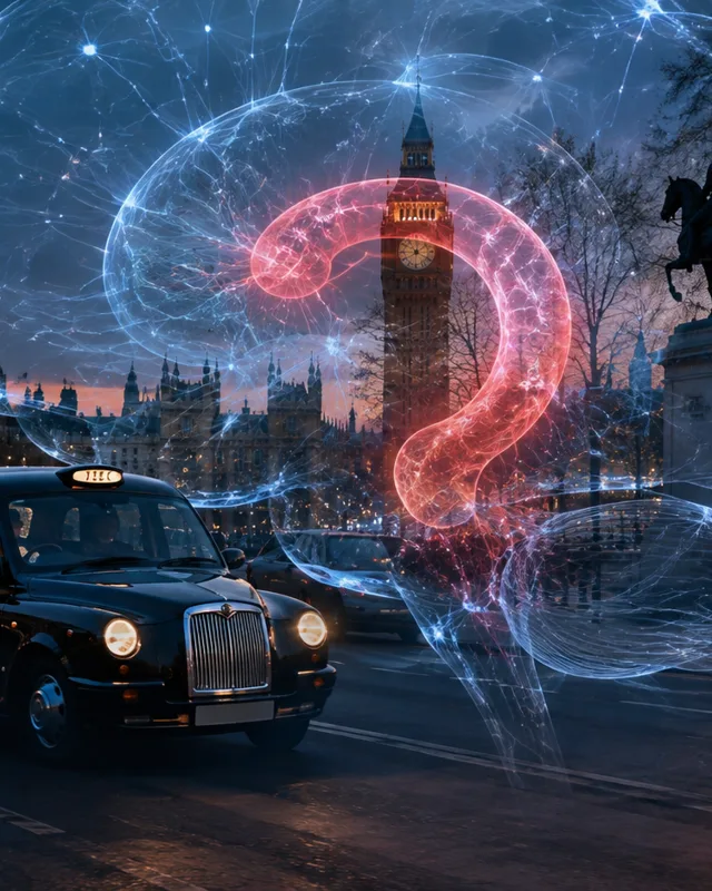 Taxi negro clasico de Londres con superposicion del hipocampo cerebral sobre la calle