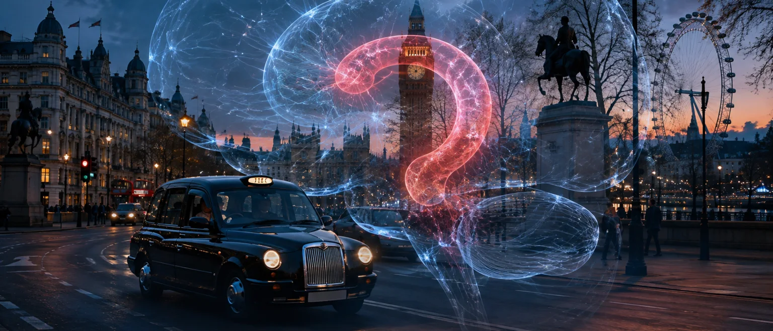 Taxi negro clasico de Londres con superposicion del hipocampo cerebral sobre la calle