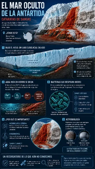 Infografia del lago subglacial del glaciar Taylor y bacterias que respiran hierro
