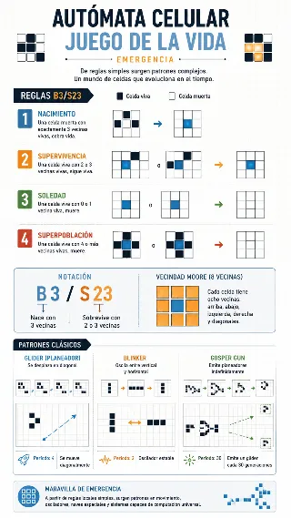 Infografia educativa del Juego de la Vida con reglas y patrones geometricos