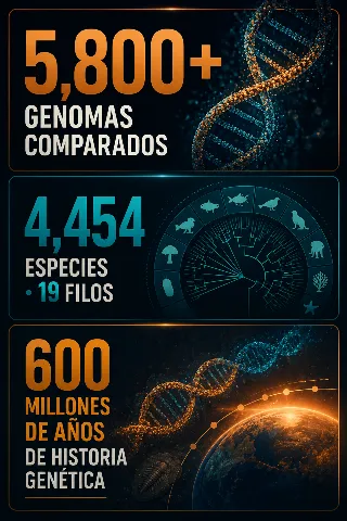 Infografía con la cifra de 5.800 genomas comparados, 4.454 especies en 19 filos, y 600 millones de años de historia genética