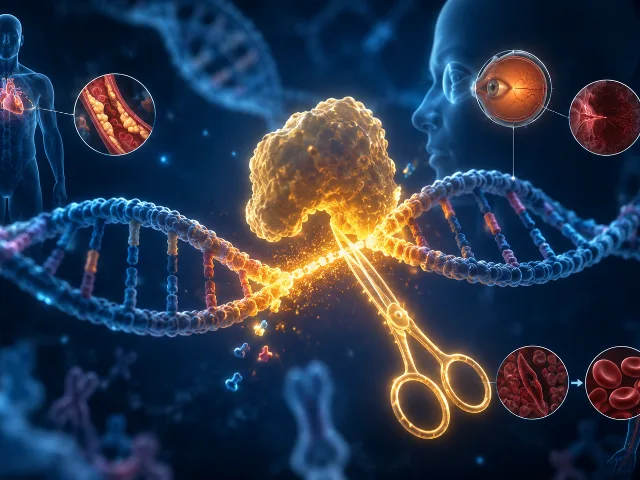 Enzima CRISPR dorada cortando ADN con siluetas de organos siendo reparados