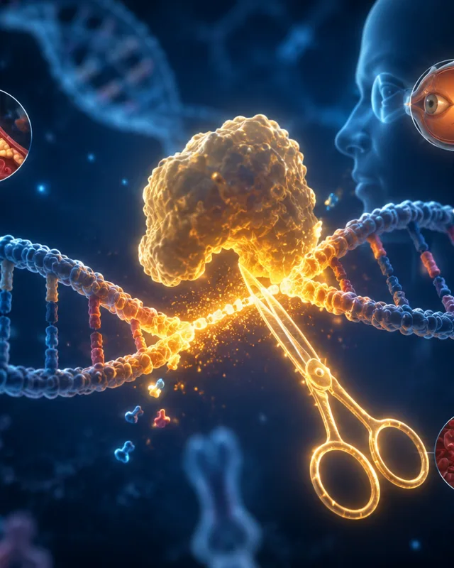 Enzima CRISPR dorada cortando ADN con siluetas de organos siendo reparados