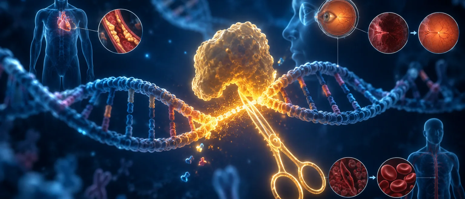 Enzima CRISPR dorada cortando ADN con siluetas de organos siendo reparados