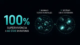 Infografía con la cifra de 100% de supervivencia a 60 días en ratones y los dos pasos del tratamiento: iluminar y destruir