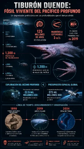 Infografia del tiburon duende con evolucion mandibula y timeline