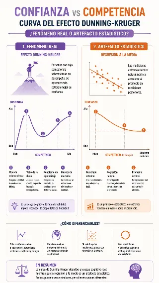 Infografia comparando curva de Dunning-Kruger con regresion a la media