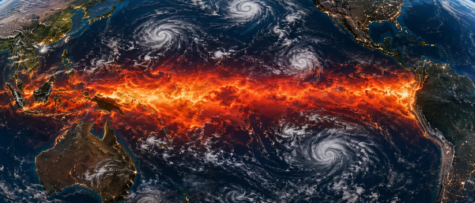 Anomalia termica oceanica en rojo a lo largo del ecuador con nubes de tormenta en el Pacifico