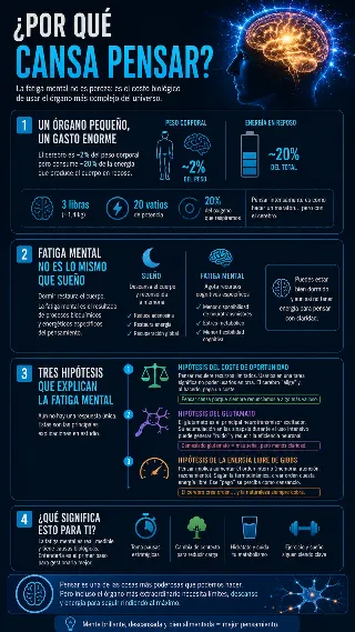 Infografia de la fatiga mental con energia cerebral y hipotesis de glutamato
